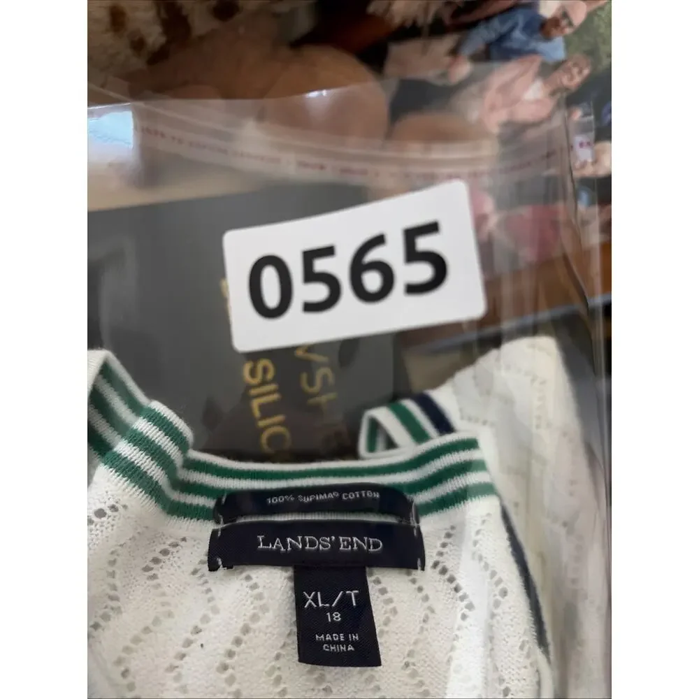 Lands End Womens Pointelle Knit White Green/Navy Trim Cardigan XLT Preppy Tennis